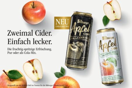 Dosen von Bitburger Apfel Cider und Cola-Cider Mix mit Äpfeln auf Werbegrafik