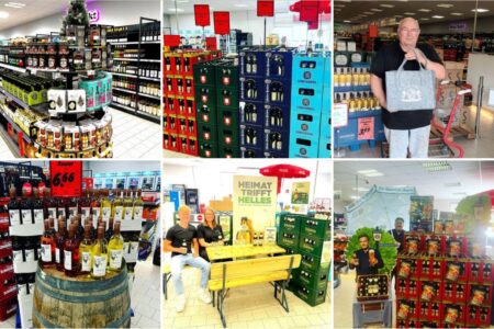 Collage mit Eindrücken aus dem Getränke Star Getränkemarkt in Trier mit Aktionsflächen, Getränkekisten und Kundenaktionen