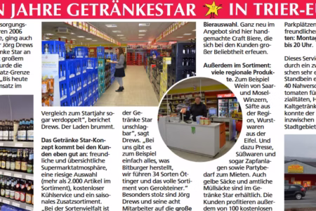 Zeitungsartikel über das Jubiläum des Getränkefachmarkts Getränke Star in Trier-Euren